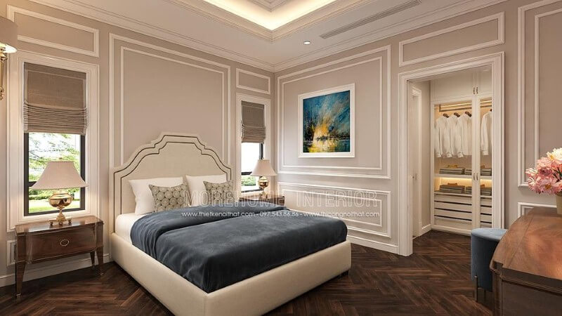 Bố trí nội thất phòng ngủ tân cổ điển có tủ quần áo đẹp, sang trọng. Mẫu nội thất biệt thự đẹp