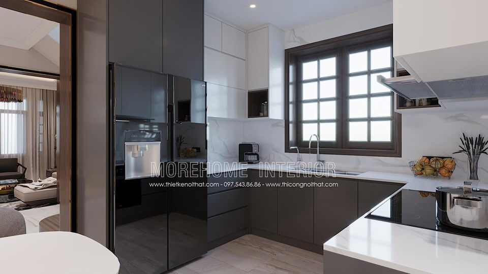 Thiết kế nội thất phòng bếp hiện đại với tông màu đối xứng kết hợp Nội thất bếp gỗ công nghiệp