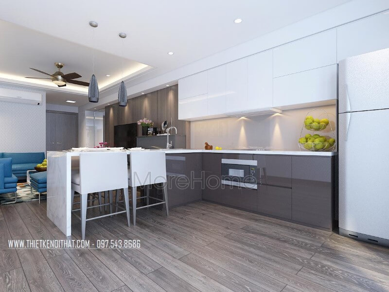 Nội thất phòng bếp hiện đại được thiết kế liền kề với không gian phòng khách giúp cho gia chủ có một không gian dùng bữa thuận tiện và ấm cúng hơn Nội thất bếp gỗ công nghiệp