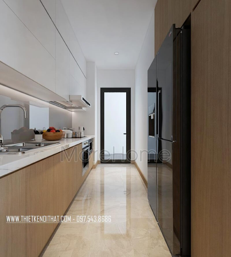 Thiết kế nội thất phòng bếp chung cư hiện đại với đồ nội thất thông minh Nội thất bếp gỗ công nghiệp