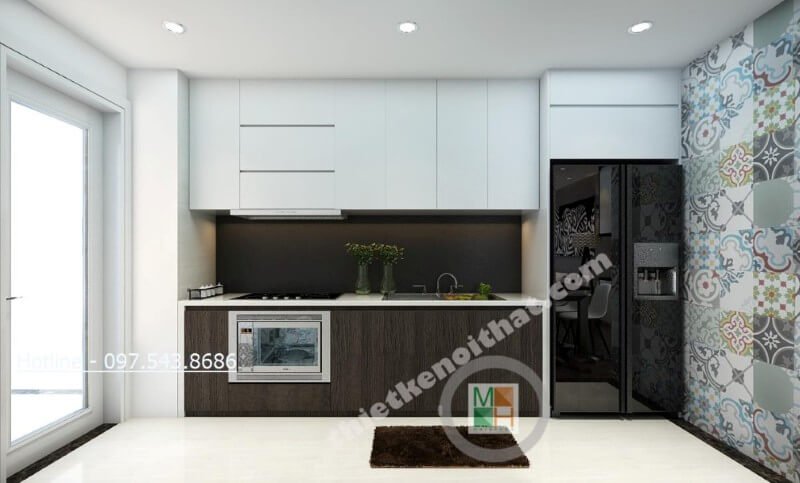 Với lối thiết kế khéo léo, hợp lí, phần tủ bếp được sắp xếp hướng ra ngoài ban công tạo cảm giác thông thoáng hơn cho căn bếp của gia chủ Nội thất bếp gỗ công nghiệp