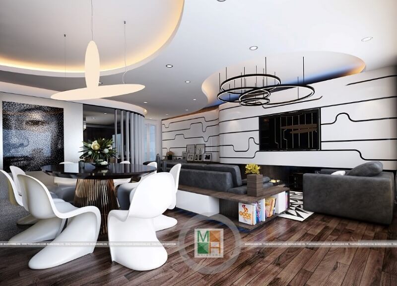 Thiết kế nội thất chung cư Ciputra đẹp, KTS đã ưu tiên sử dụng các vật liệu nhẹ như kính cường lực, tấm chắn gỗ kết hợp tủ đựng đồ vừa đảm bảo tính thẩm mỹ vừa tiết kiệm thời gian thi công và diện tích không gian sinh hoạt.