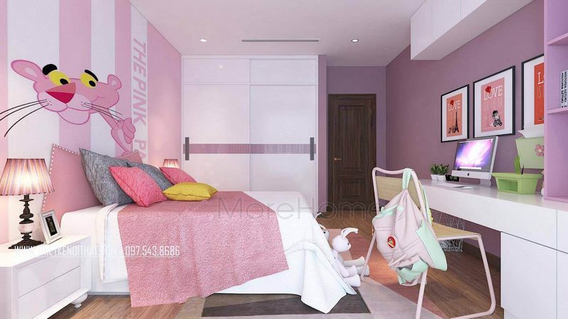 Mảng tường được thay thế bằng lớp sơn khi gia chủ chọn giấy dán tường với tông màu hồng cho phòng ngủ bé gái