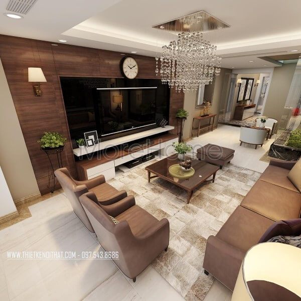Nội thất sofa gỗ bọc da cao cấp phòng khách phong cách hiện đại với tông màu nâu sáng sang trọng