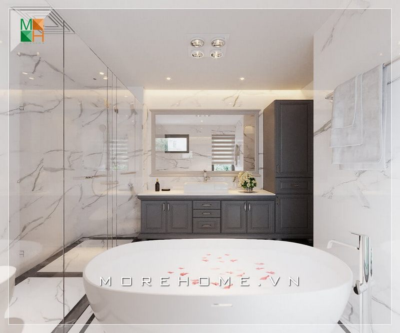 Khi bước vào không gian phòng tắm sang trọng này, gia chủ sẽ được ấn tượng bởi vẻ đẹp của đá ốp tường nhân tạo vân mây cao cấp màu trắng, giúp mang lại cảm giác sạch sẽ và thư giãn cho người sử dụng.