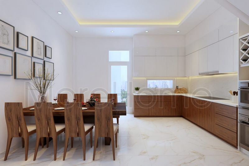 Mẫu tủ bếp chữ L của An Cường được làm từ gỗ công nghiệp, được trang trí bằng đá ốp tường và mặt bếp màu trắng sắc nét, mang lại phong cách hiện đại.